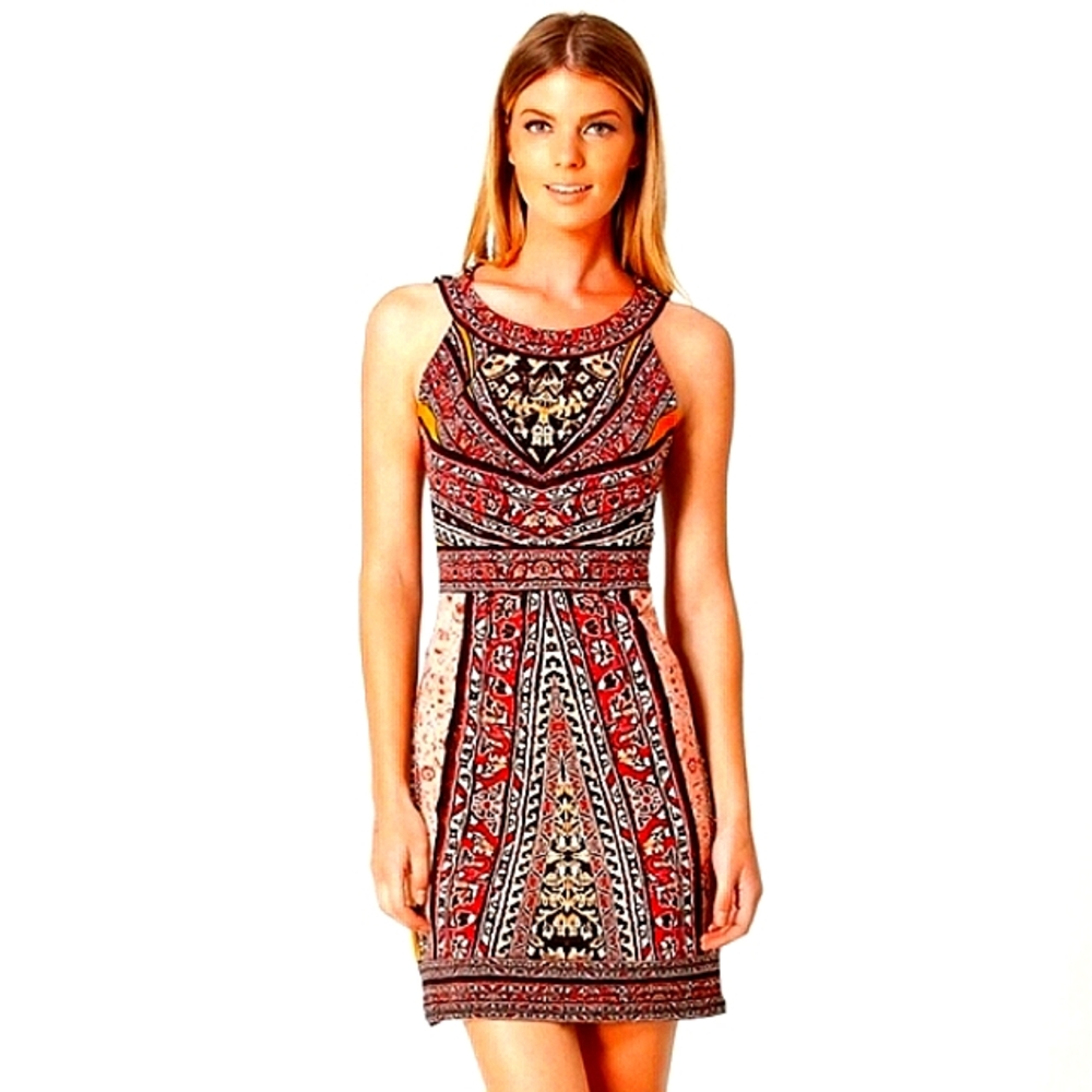 Hale Bob Denise Y2K Stretch Jersey Mini Dress Sz Med Southwestern Aztec Mosaic